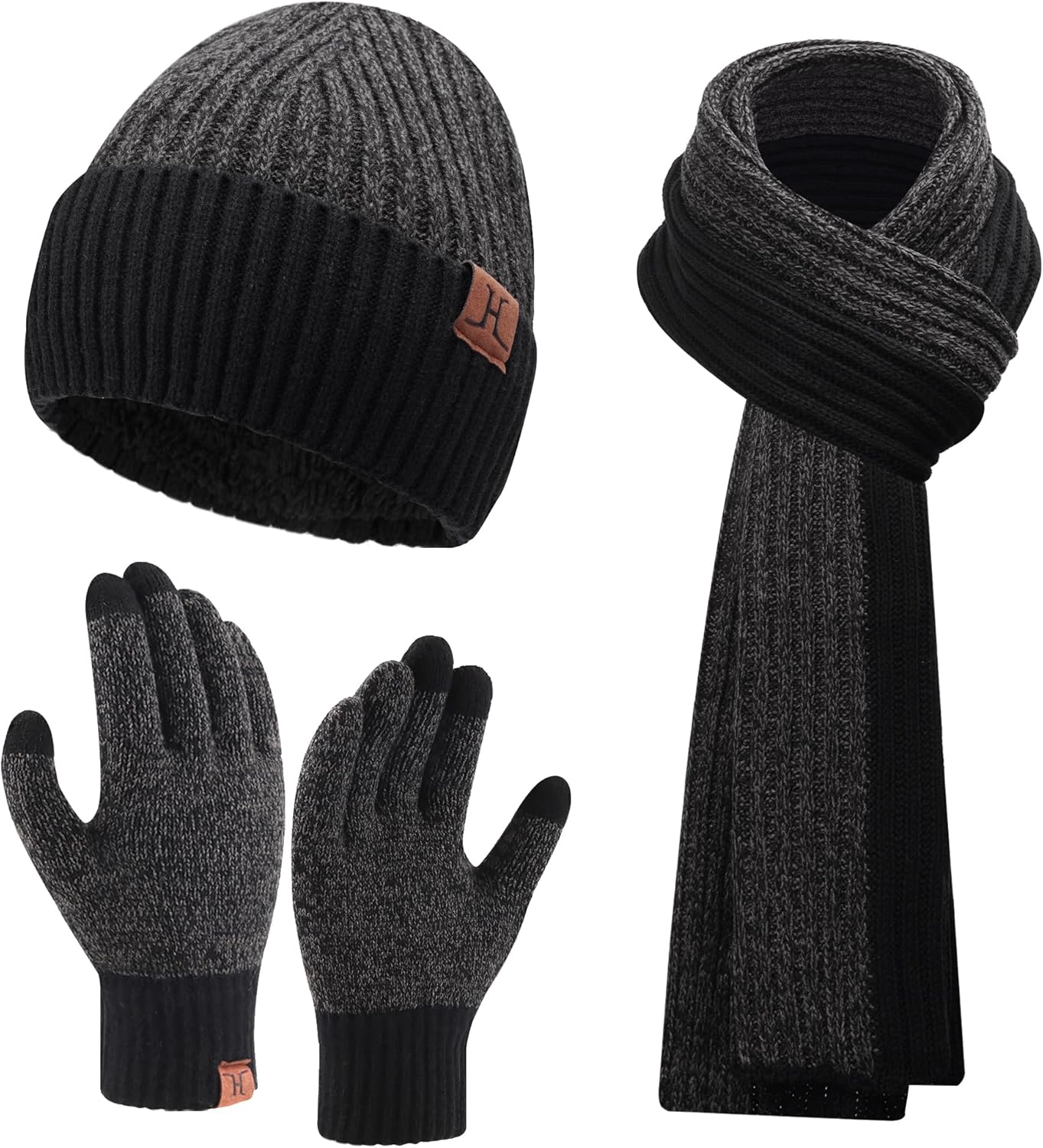 FZ FANTASTIC ZONE Mens Winter Knit Hat Beanie Long Neck Scarf Touchscreen Gloves Set Fleece Skull Caps Gifts for Men Women
