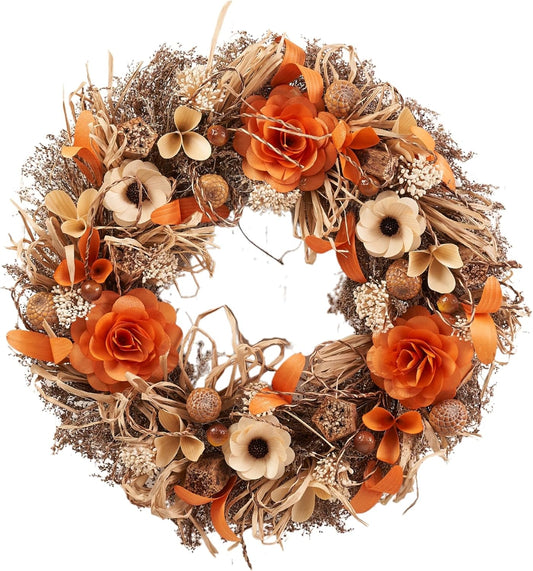 22" Fall Harvest Wood Curl Floral Wreath - Premium Handcraft Fall Wreaths for Front Door | Perfect for Autumn & Thanksgiving Decor