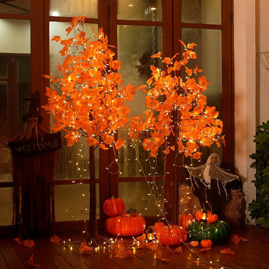 Set of 2 Artificial Lighted Maple Tree (5FT 96LED & 6FT 120LED) Fall Tree with Warm White Lights and Maple Leaves for Thanksgiving, Christmas, Autumn Harvest Outdoor Indoor Home Decorations