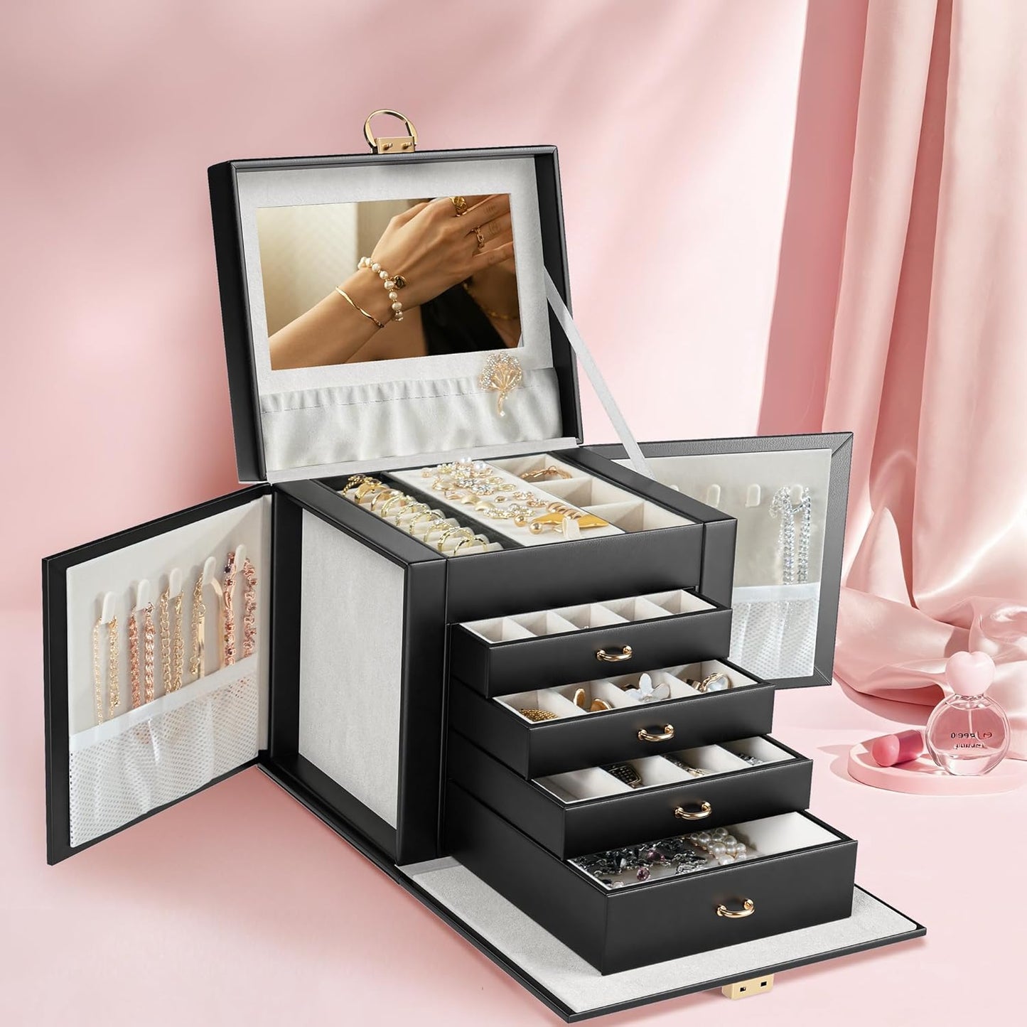 5-Layer Jewelry Box with 4 Drawers, Huge Portable Jewelry Organizer with Lock and Mirror for Women, for Necklace Ring Earring Bracelet Storage, Lockable Jewelry Case, Black
