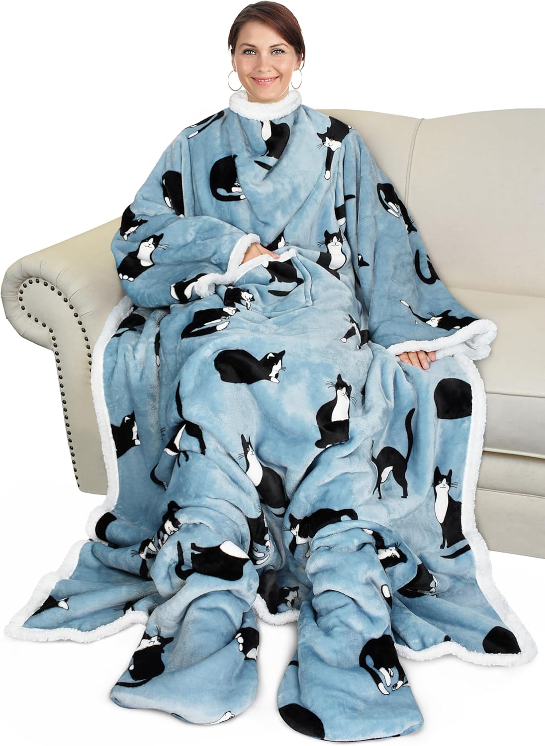 Catalonia Sherpa Wearable Blanket with Sleeves & Foot Pockets for Adult Women Men, Comfy Snuggle Wrap Sleeved Throw Blanket Robe, Gift Idea, Wonder Cat