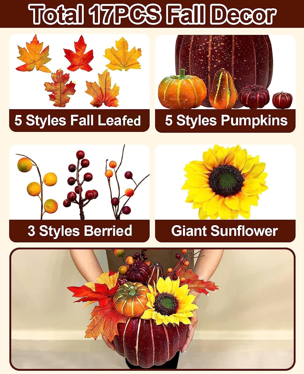[ Timer & Prelit ]10 Inch Large Lighted Fake Pumpkin Fall Decoraitons for Home, Fall Table Decor Maples Leafed Pumpkins Sunflower Berried Battery Operated Fall Thanksgiving Decorations for Home Indoor