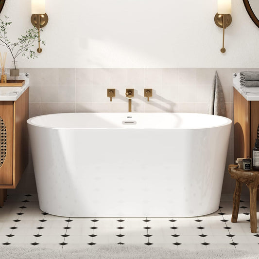 FerdY Luzon 55" Acrylic Freestanding Bathtub, Classic Oval Shape Soaking Bathtub with Toe-Tap Chrome Drain and Classic Slotted Overflow Included, Modern White, cUPC Certified