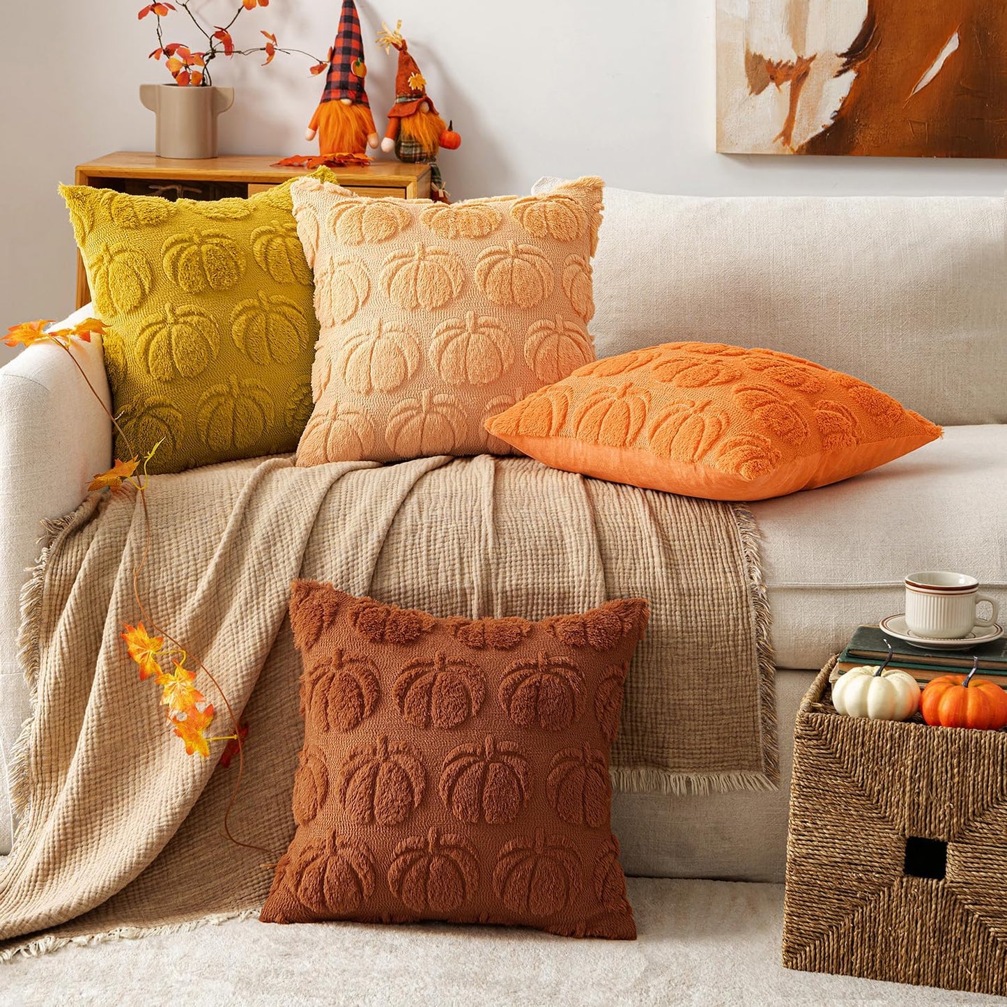 MIULEE Fall Pumpkin Pillow Covers 18x18 Inch Set of 4 - Soft Cozy Plush Decorative Pillows with Embroidered Pumpkin Pattern Autumn Halloween Holiday Decor for Sofa Couch Bed Living Room,Rust-Orange
