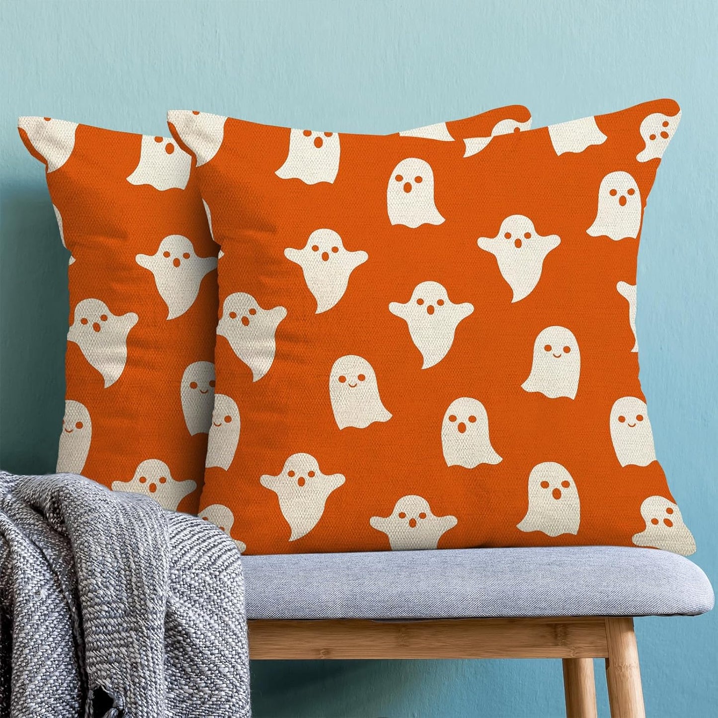 Halloween Pillow Covers Set of 2 - 18x18 Orange Cute Ghost Throw Pillow Covers for Decorative Linen Cushion Case for Home Couch Sofa Outdoor Decor