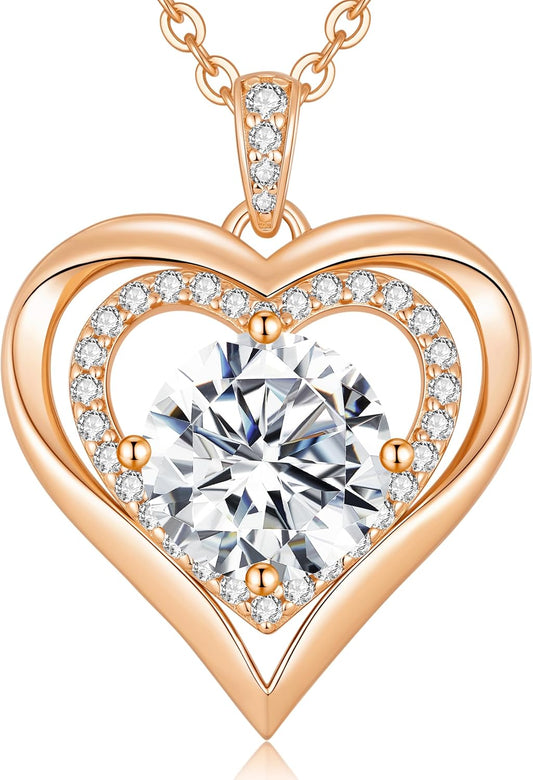 Moissanite Heart Pendant Necklaces for Women, 925 Sterling Silver Gold Plating Lab-Created Gem Necklace Engraved with 'I LOVE YOU', Ideal Anniversary Birthday Christmas Valentine Engagements Mothers Day Jewelry Gifts for Mom Wife Girlfriend Daughter Her
