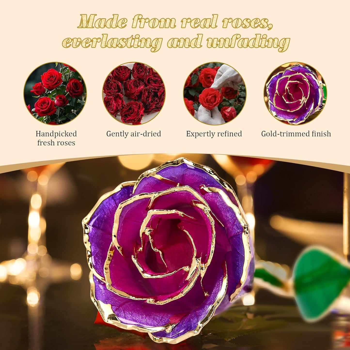 Mikasol Real 24K Gold Dipped Realistic Rose – Timeless Lifelike Bloom with Heart Puzzle Base – Romantic Purple Flower Gift for Her, Wife, Girlfriend, Mom – Birthday, Anniversary, Mother’s Day (Purple)