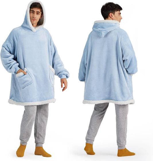 Bedsure Blanket Hoodie, Wearable Blanket for Adults & Kids as Gifts for Women Men, Birthday Gifts for Women Mom Girl Sherpa Oversized Hoodie, Sky Blue, Oversize