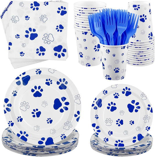 144 Pieces Blue Paw Print Party Tableware Sets Including Disposable Plates Napkins Cups Forks Serves 24 for Dog Puppy Theme Party Supplies