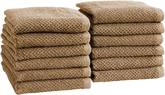 Great Bay Home Taupe Washcloth- 100% Cotton 12-Pack 13x13 Wash Cloth - Absorbent, Quick-Drying, Durable Face Towels for Bathroom Decor - Low-Twist, Two-Ply Fibers (Mocha)