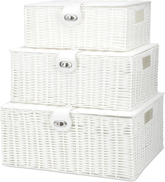 Honygebia White Wicker Storage Baskets - Set of 3 Decorative Nesting Boxes with Lids, Woven Basket with Lock & Handle, Organizer for Beauty Makeup Bathroom Decor