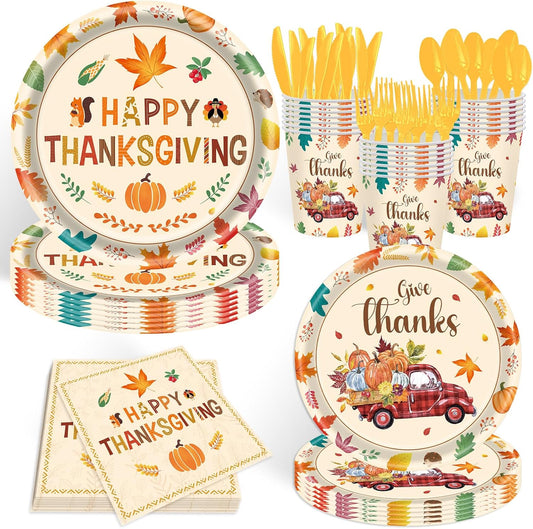 140pcs Thanksgiving Party Decorations Happy Fall Maple Leaves Plates and Napkins Tableware Set for Fall Harvest Thanksgiving Birthday Halloween Party Decorations