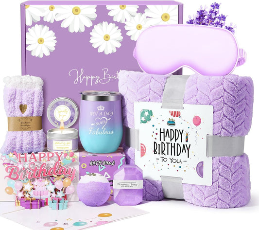 Birthday Gifts for Women Friendship, Happy Birthday Gift Basket for Mom Friend Sister Her Birthday Gift Unique, Luxury Self Care Gift Lavender Relaxing Spa Gifts Set with 3D Birthday Card for Women