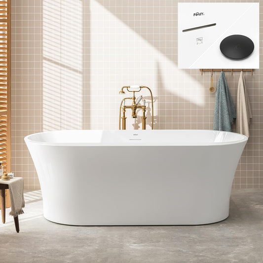 FerdY Mauritius 67" Acrylic Freestanding Tub, Oval Contemporary Soaker Tub, Extra Deep Bathtub, Matte Black Drain and Minimalist Linear Design Overflow, Modern White Bathtub, cUPC Certified