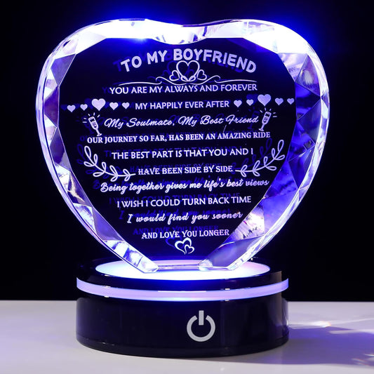 YWHL Gifts for Boyfriend with Colorful LED Base Unique Birthday Gift Ideas from Girlfriend Romantic Heart Crystal Keepsakes to My Anniversary Christmas Valentine Day Clear 4.33*3.74*.1.18