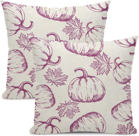 Autumn Purple Maple Leaves Throw Pillow Covers - 18x18 Set Of 2, Outdoor Fall Thanksgiving Decorations For Home, Decorative Linen Cushion Covers For Sofa