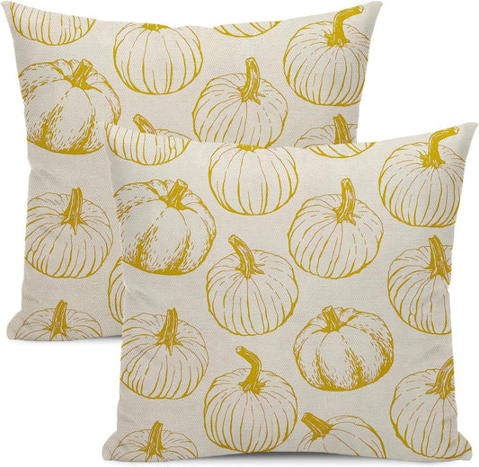 Fall Pillow Covers 18 x 18 Set of 2 Yellow Pumpkin Autumn Throw Pillow Covers Harvest Thanksgiving Farmhouse Pillowcase Outdoor Decorative Linen Cushion Case Decor for Sofa Couch Home