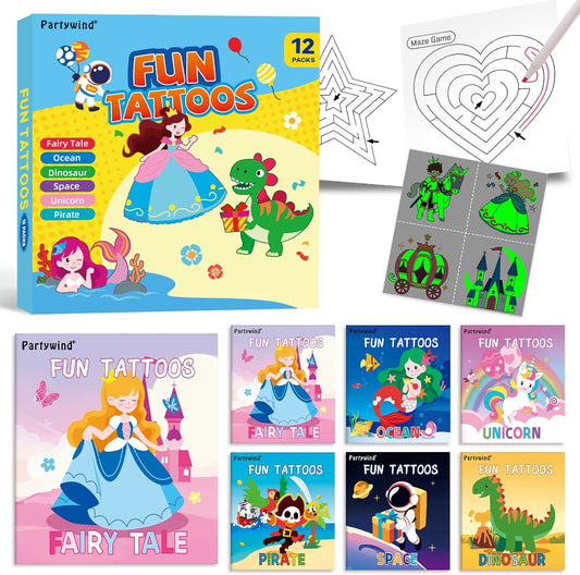 288 PCS Glow Temporary Tattoos for Kids, 12 Pack Party Favors with Luminous Tattoos & 24 Maze Games, Mixed Tattoo Styles for Boys and Girls, Kids Birthday Goodie Bag Stuffers