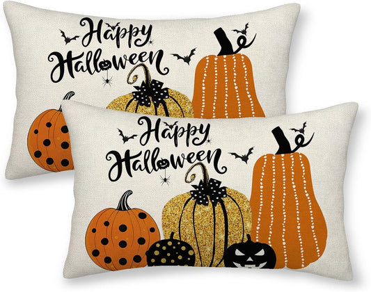 Halloween Pillow Covers 12x20 inches Set of 2 Orange Black Pumpkin Decorative Farmhouse Throw Pillow Covers Outdoor Autumn Halloween Decoration Farmhouse Linen Lumbar Cushion Case for Home Sofa