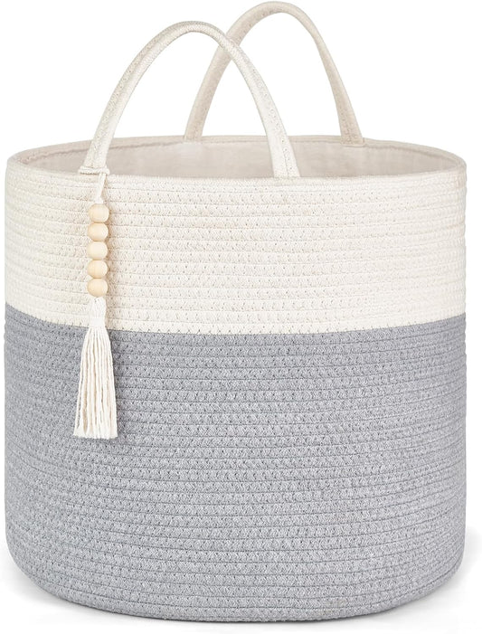 Mkono Woven Storage Basket Decorative Rope Basket Wooden Bead Decoration for Blankets,Toys,Clothes,PlantOrganizer Bin with Handles Living Room Home Decor, Grey and White, 16" W × 13.8" L