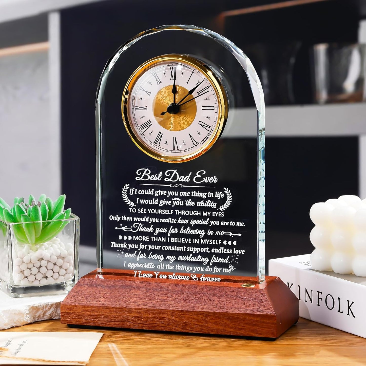 Glass Clock Gifts for Dad From Son Daughter with Wooden Light Base, Personalized I Love You Gift for Dad Who Has Everything on Birthday Father's Day, Presents for Daddy on Christmas Home Desk Clock