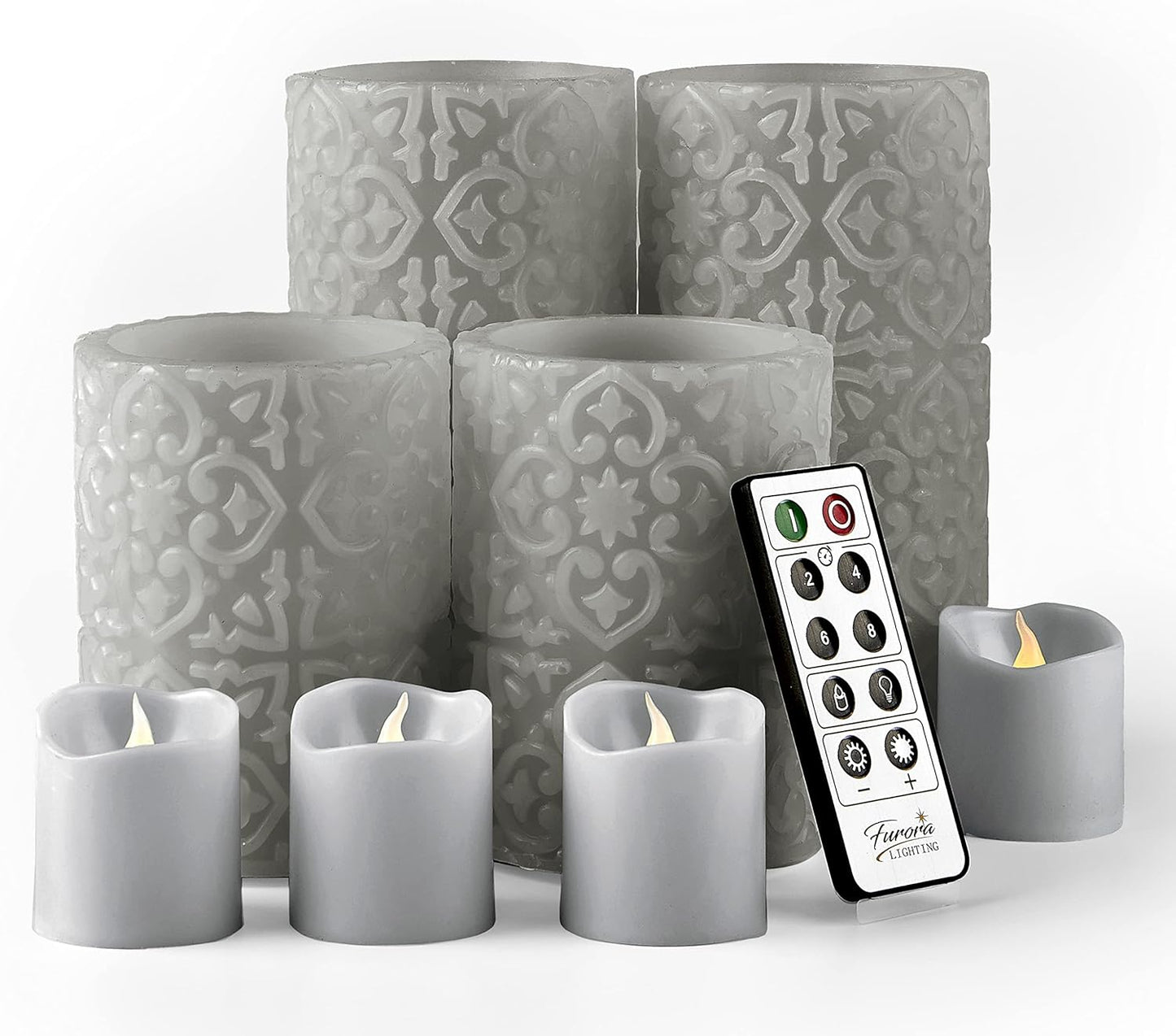 FURORA LIGHTING Grey Rome Real Wax LED Candles with Remote and Timer, 4 Pillar and 4 Votives Pack of 8, Flameless Flickering Candles for Home Décor, Battery Included