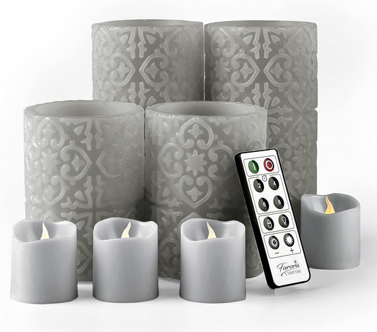 FURORA LIGHTING Grey Rome Real Wax LED Candles with Remote and Timer, 4 Pillar and 4 Votives Pack of 8, Flameless Flickering Candles for Home Décor, Battery Included