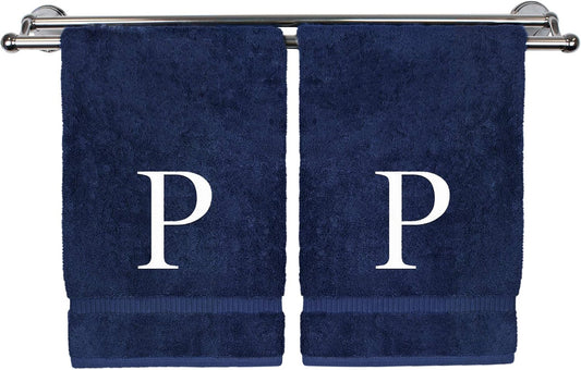 Monogrammed Hand Towel, Personalized Gift, Set of 2- White Block Letter Embroidered Towel - Extra Absorbent 100% Turkish Cotton - Soft Terry Finish - Initial P Navy