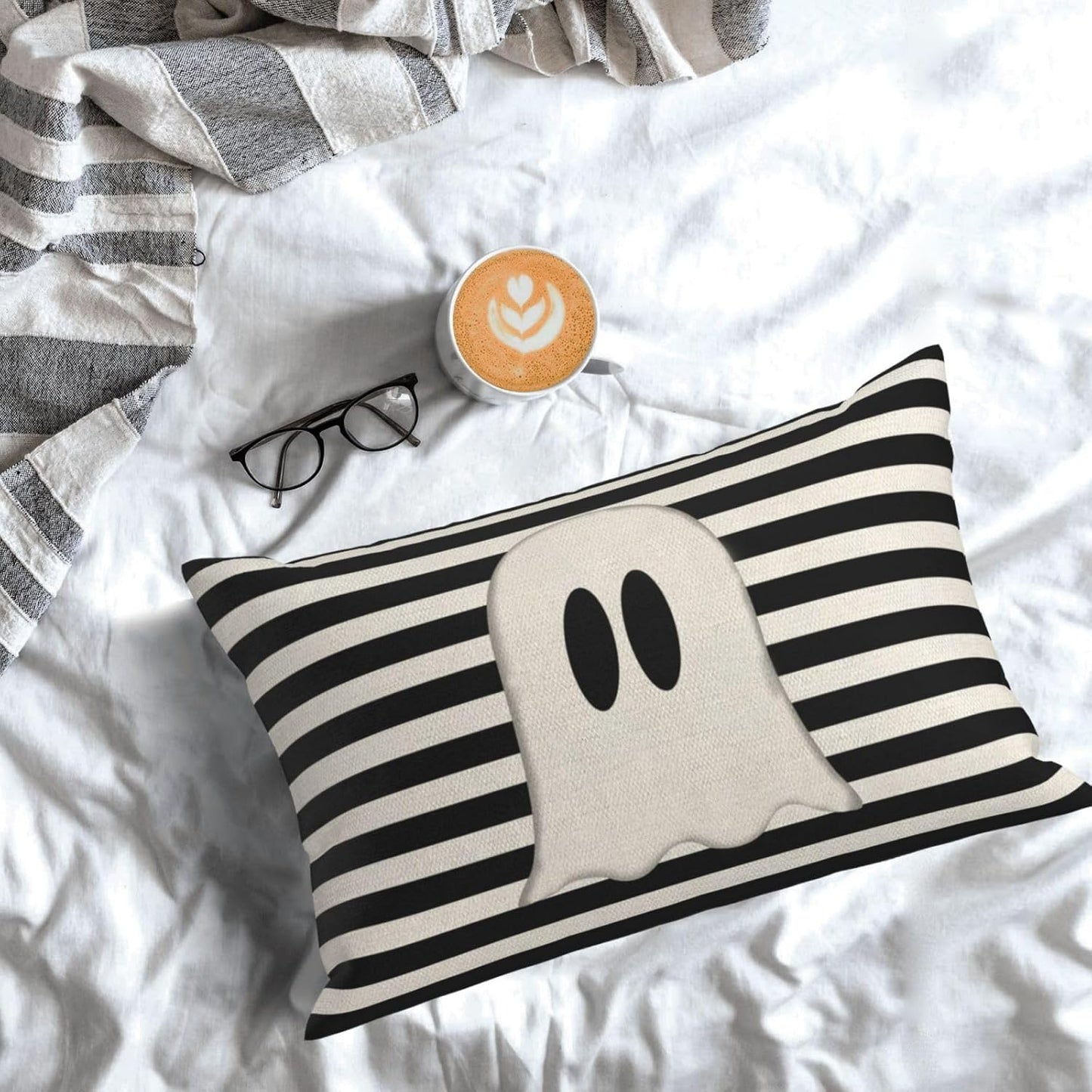 Halloween Decor Pillow Covers 12x20 Set of 2 Black Stripe Cute Ghost Throw Pillow Covers Halloween Decorative Pillow Covers for Halloween Decoration Linen Cushion Case for Couch Sofa Outdoor