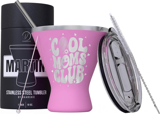 Mothers Day Gifts For Mom - Cool Moms Club Stainless Steel Martini Glass [Pink, 10oz, Pack of 1] - Powder - Coated, Double Wall Margarita Cup - Birthday, Mother's Day, New Mom Gifts for Women