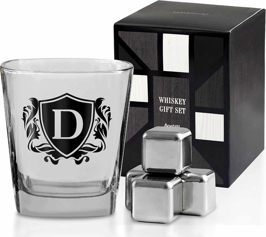 Whisky Gifts for Men, Personalized Initial Whiskey Glass with Whiskey Stones for Dad, Boyfriend, Best Friends, Coworkers, Husband, Brother, Uncle and Boss on Father's Day, Boss Day and Birthday - D