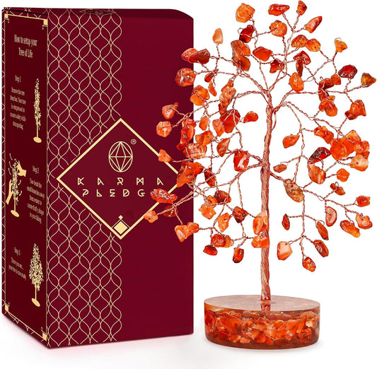 Crystal Tree for Home and Office Decor, Carnelian Chakra Healing Stones Handmade Feng Shui Bonsai Tree of Life for Positive Energy, Money, Good Luck, Christmas Decor, Birthday Gifts for Women, Mom