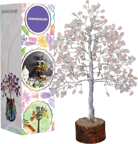 FASHIONZAADI Gemstone Money Tree Reiki Healing Chakra Balancing Handmade Bonsai Trees Spiritual Gift Aura Cleansing Good Luck Home Decor (Rose Quartz Silver Wire)