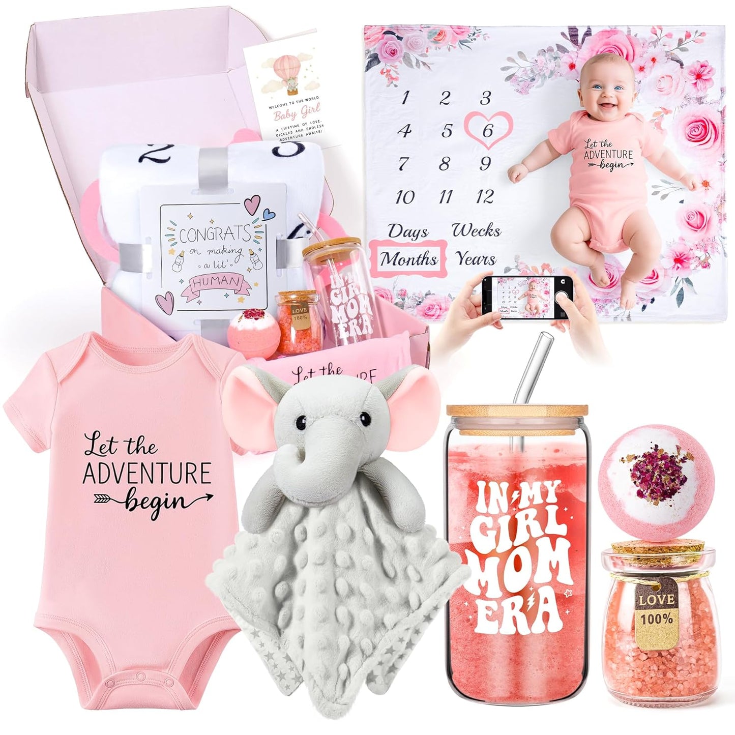 New Mom Gifts & Baby Girl Gift Set for Newborn,Baby Girl Gift Basket with Baby Milestone Blanket,Pregnancy Gifts for Expecting Mom,New Mom Care Package After Baby, Pregnancy Gifts for Women and Baby