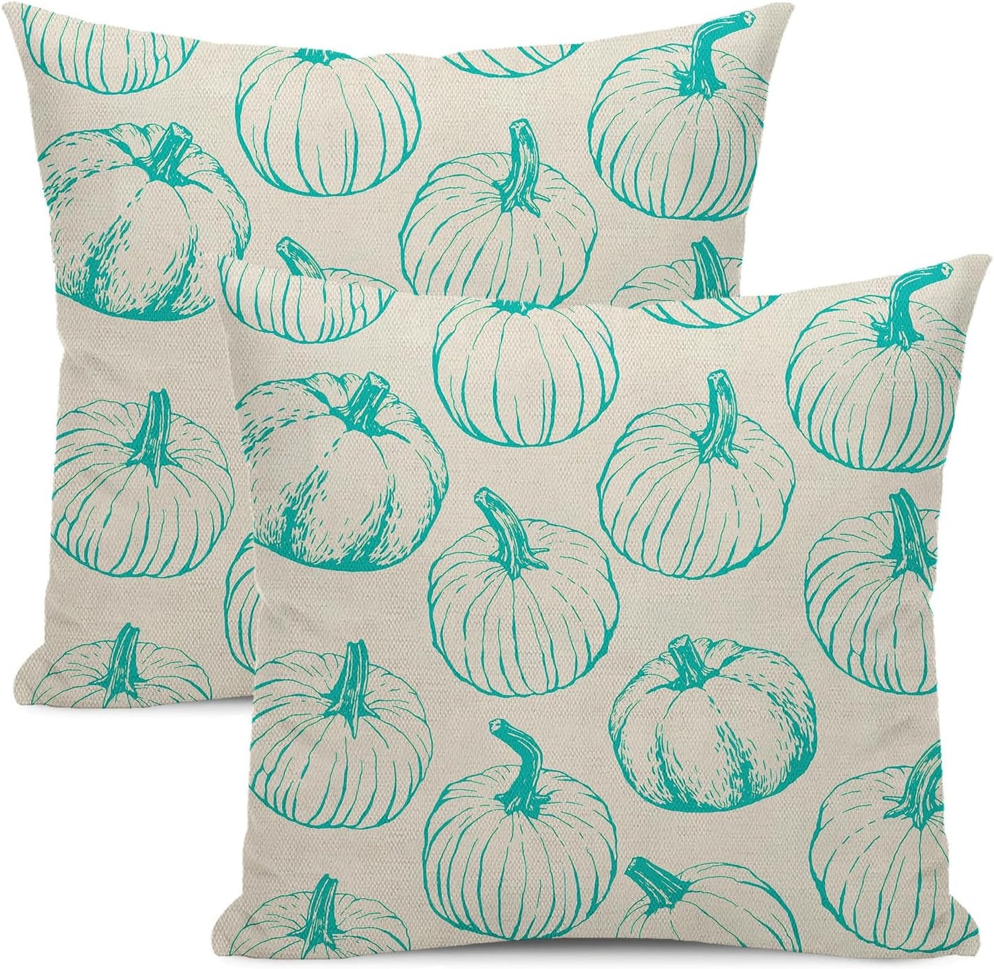 Fall Throw Pillow Covers 18 x 18 Set of 2 Fall Teal Pumpkin Pillow Covers Autumn Harvest Thanksgiving Decoration Pillowcase Farmhouse Decorative Linen Cushion Case For Couch Sofa Outdoor Decor