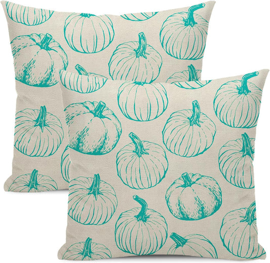 Fall Throw Pillow Covers 18 x 18 Set of 2 Fall Teal Pumpkin Pillow Covers Autumn Harvest Thanksgiving Decoration Pillowcase Farmhouse Decorative Linen Cushion Case For Couch Sofa Outdoor Decor