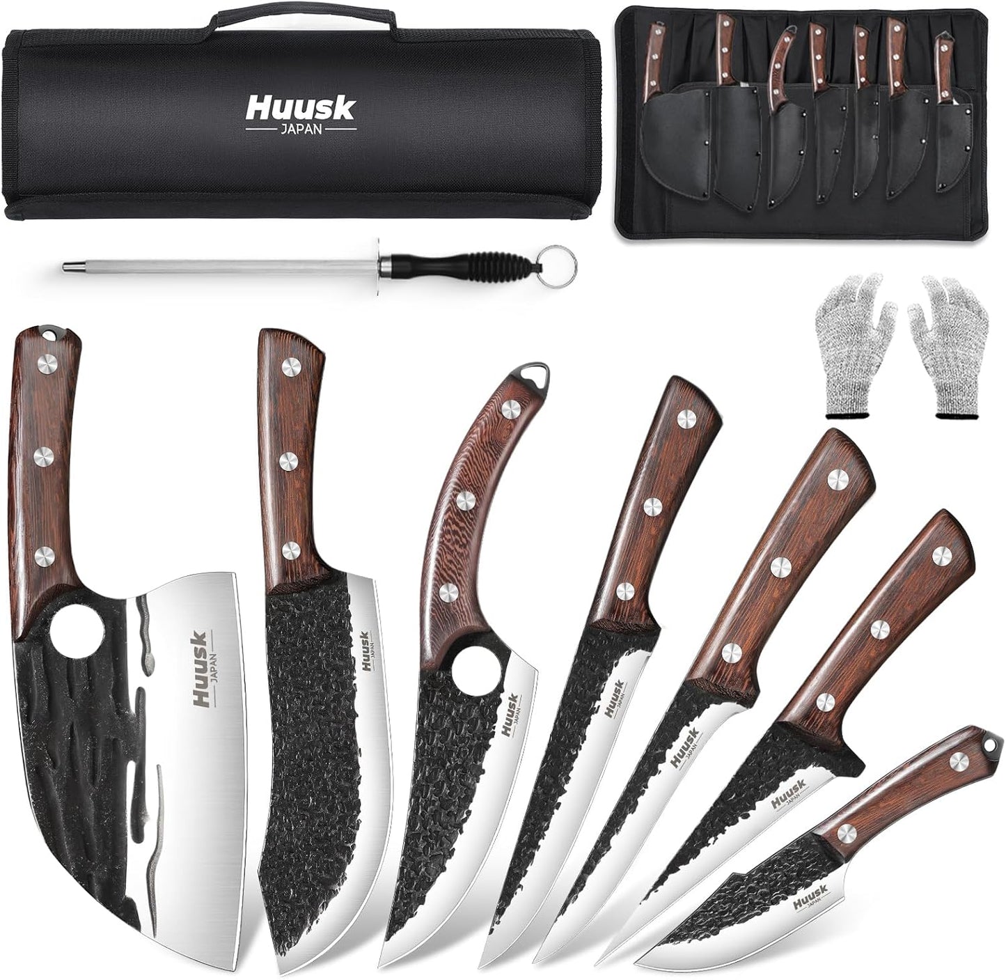 Huusk 10pcs Viking Kitchen Knives Set - Serbian Chef Knife, Boning Knife, Meat Cleaver - BBQ, Outdoor, Camping - Silver High Carbon Steel - Forged Ebony Handle - Not Dishwasher Safe