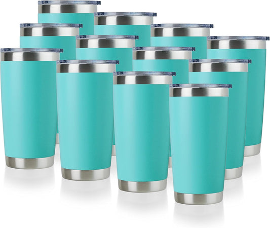DOMICARE 20oz Stainless Steel Tumbler Bulk with Lid, Double Wall Vacuum Insulated Travel Mug, Powder Coated Coffee Cup, Light Blue, 12 Pack