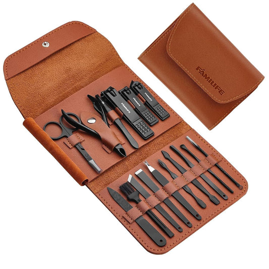 FAMILIFE Gifts for Men, Manicure Set Clippers Manicure Kit Nail Clipper Sets 16pcs Mens Grooming Kits Professional Stainless Steel Nail Kit Brown Leather Case Travel Kits