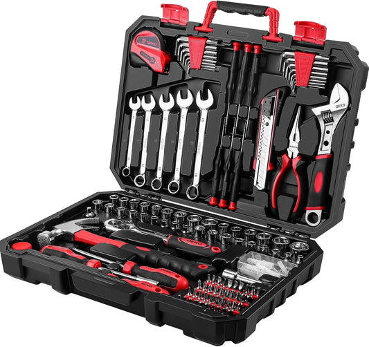 DEKOPRO Tool Set:158 Piece Home Tool Kit, Household Basic Repair Tool Set Comes with Plastic Storage Case-Red