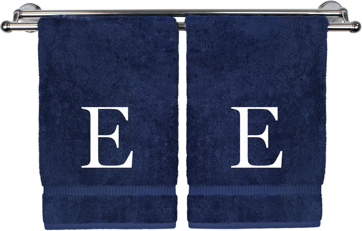 Monogrammed Hand Towel, Personalized Gift, Set of 2- White Block Letter Embroidered Towel - Extra Absorbent 100% Turkish Cotton - Soft Terry Finish - Initial E Navy