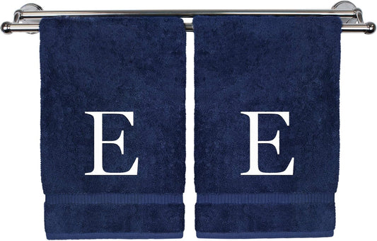 Monogrammed Hand Towel, Personalized Gift, Set of 2- White Block Letter Embroidered Towel - Extra Absorbent 100% Turkish Cotton - Soft Terry Finish - Initial E Navy