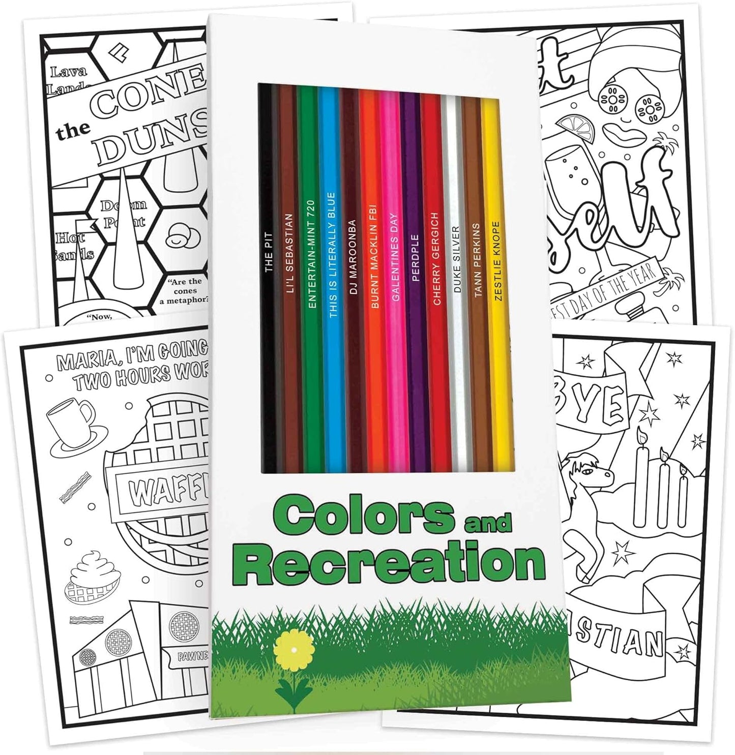 Colors & Recreation – Set of 12 Parody Colored Pencils with Foil-Stamped Names + 5 Parks & Recreation-Inspired Friends Coloring Book Pages – Gift for Parks and Recreation Fans