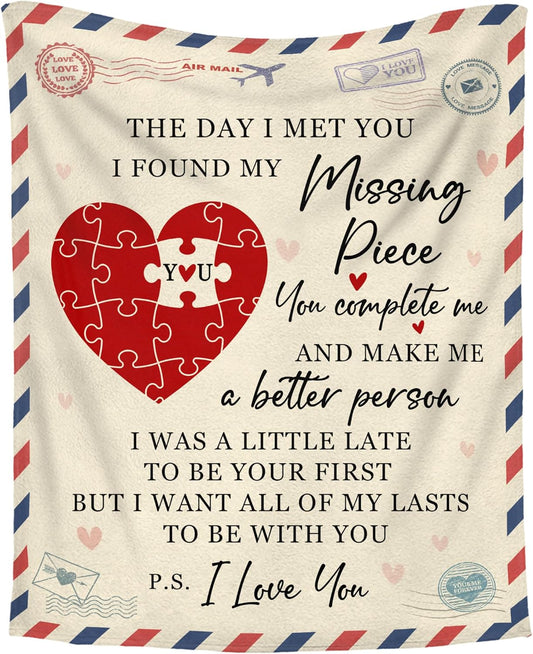 GEEMBI Gifts for Him Her Husband Wife - Missing Piece Soft Fleece Throw Blankets 60x80 in - Anniversary Birthday Gifts for Men Women Boyfriend Girlfriend Couple
