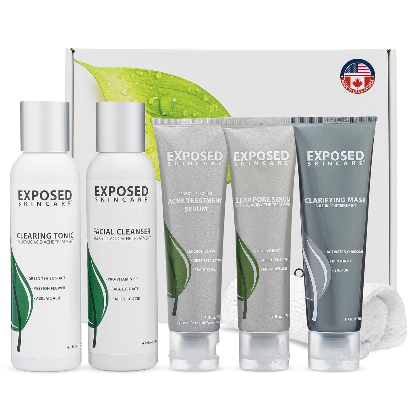 Exposed Skin Care, Acne Treatment Kit with 2.5% Salicylic Acid and 3.5% Benzoyl Peroxide to Clear Up Teen, Adult, Hormonal and Cystic Acne – Natural, Non-toxic and Cruelty Free