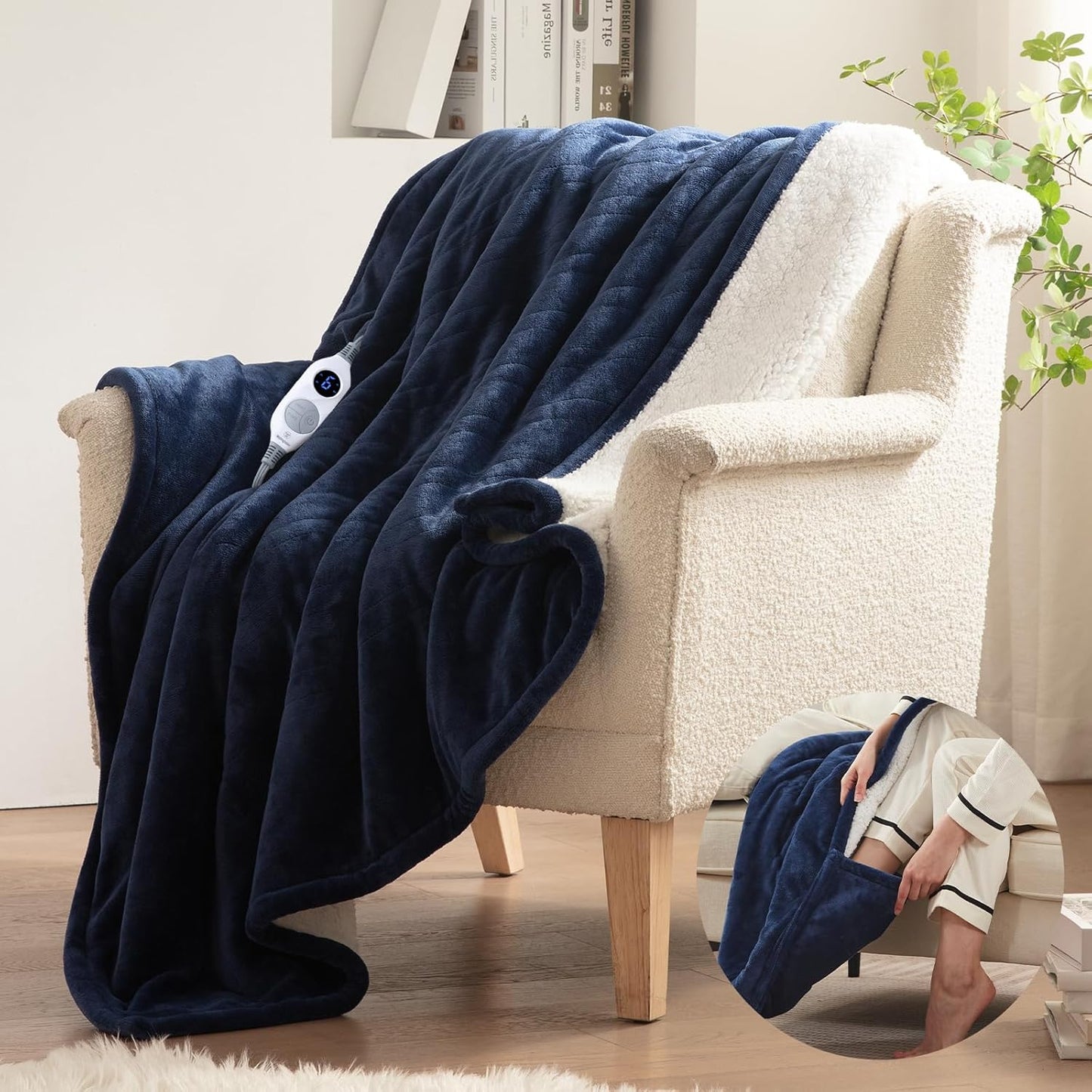 Westinghouse Electric Blanket with Foot Pocket for Adults, Ultra Soft Flannel to Sherpa Heated Throw with 6 Heating Levels & 2-10 Hours Time Settings, Fast Heating & Machine Washable, 50x62, Navy Blue