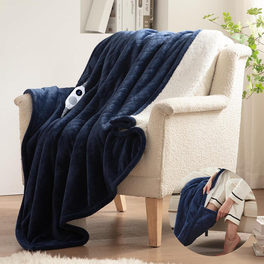 Westinghouse Electric Blanket with Foot Pocket for Adults, Ultra Soft Flannel to Sherpa Heated Throw with 6 Heating Levels & 2-10 Hours Time Settings, Fast Heating & Machine Washable, 50x62, Navy Blue