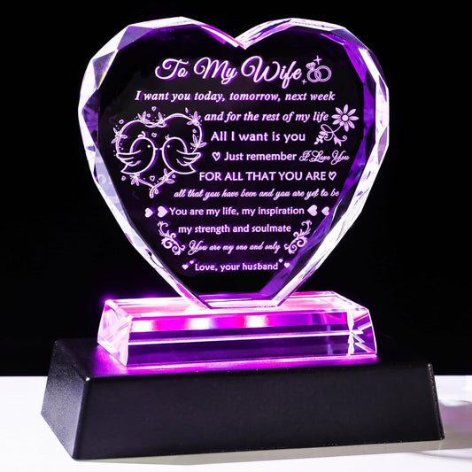 YWHL Gifts for Wife from Husband Birthday Gifts for Wife Crystal Keepsake Anniversary Present with Colorful LED Base Romantic I Love You Gift for Her on Valentines Mothers Day Christmas