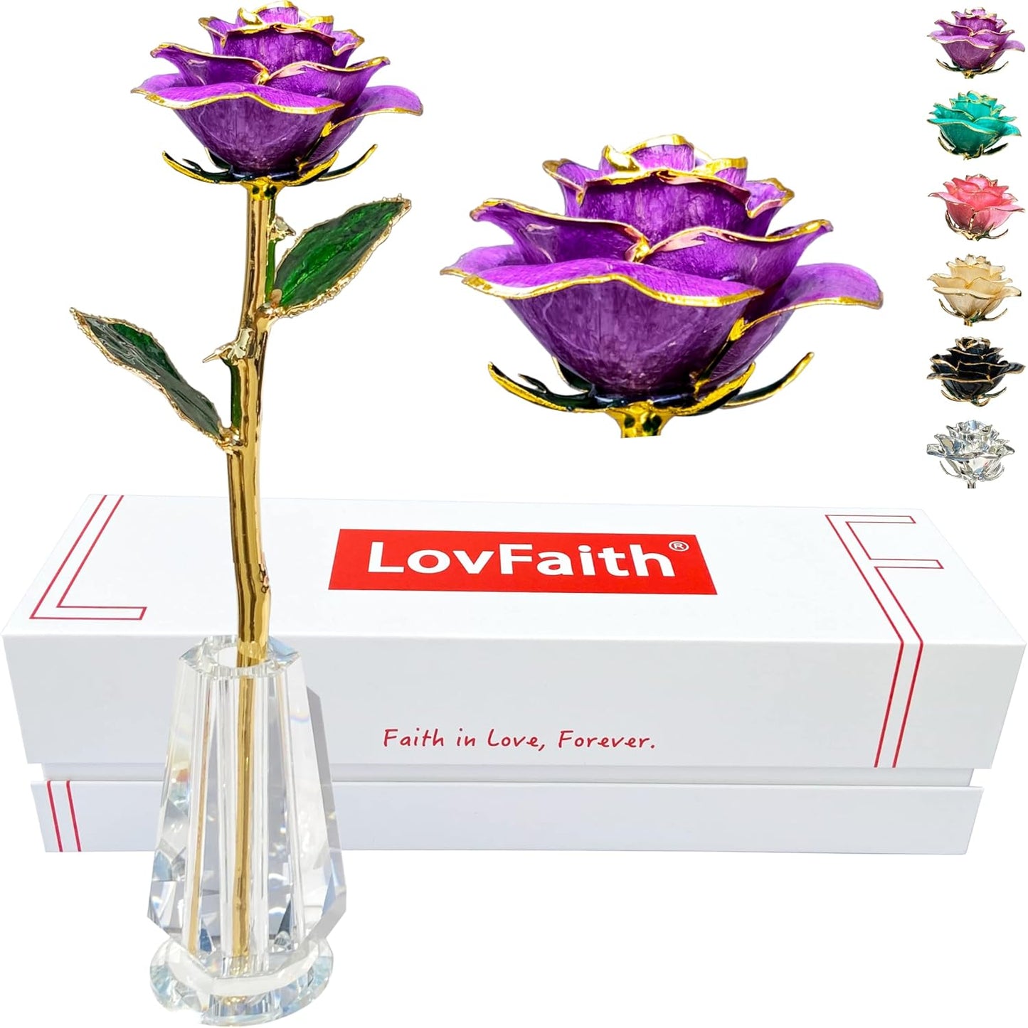 Valentine Gift Real Rose Dipped 24K Gold with Crystal Stand, Best Anniversary Rose Gift for Her Wife Mother Birthday Christmas (C31. Deep Purple -Thick Gold Blooming)