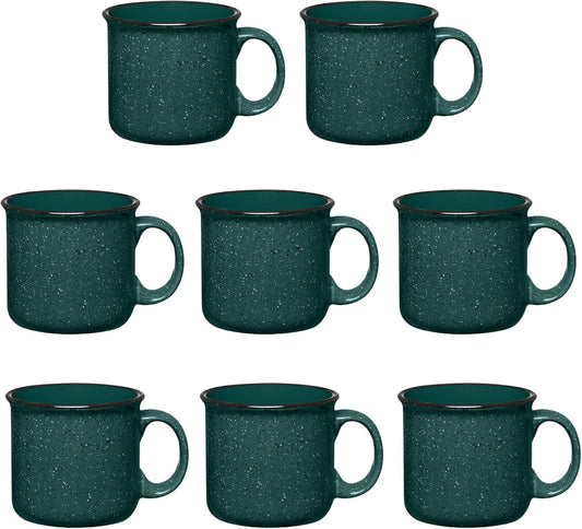 Set of 8 Ceramic Campfire Mugs – 15 Oz, Green – Coffee & Tea Cups for Home, Work, Travel, Camping – Customizable, Great for DIY, Events, Companies